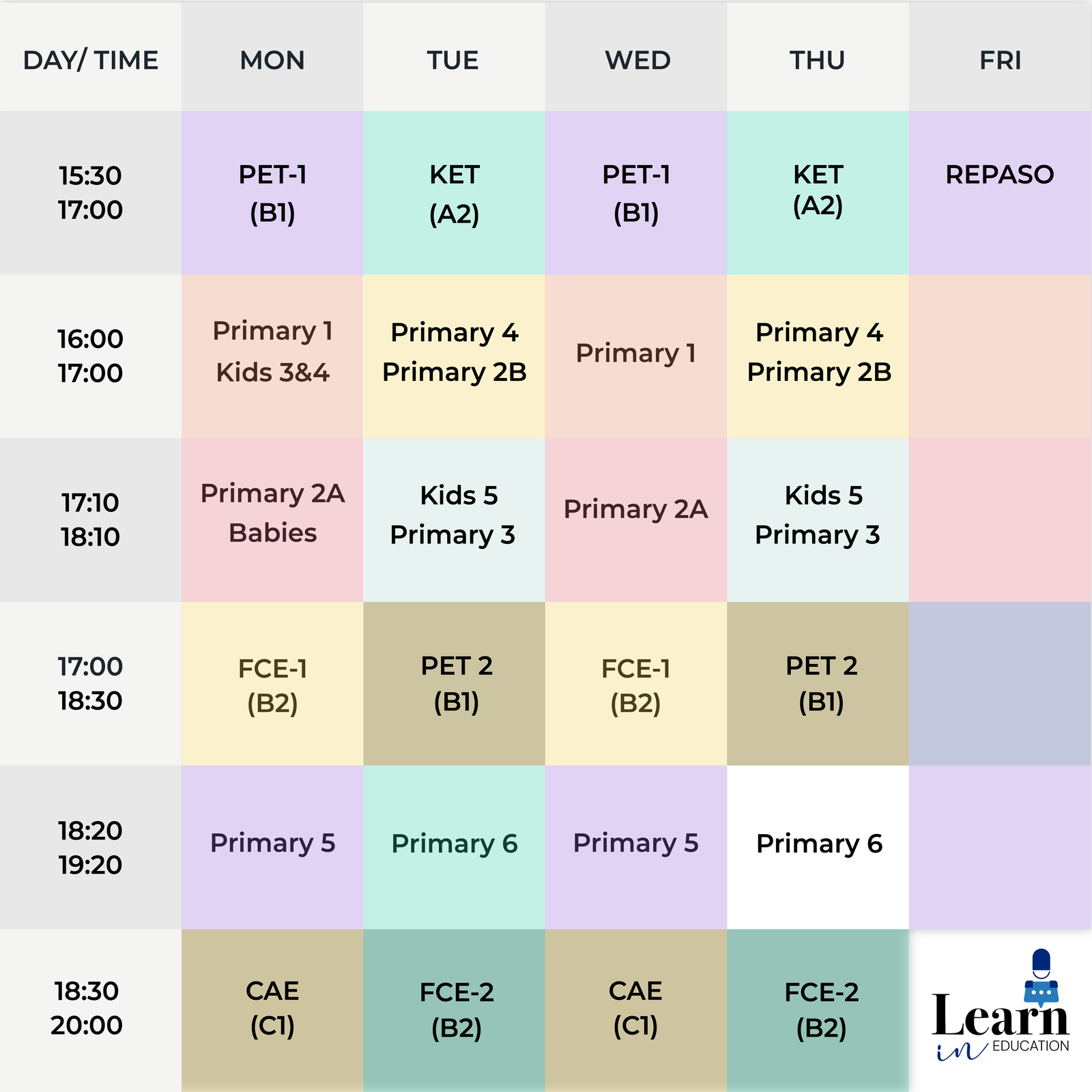 Horario de clases de Learnin Education para el curso 2026-2027